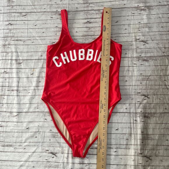 Chubbies Womens Red Low Back One Piece Swimsuit Bathing Suit Size Large L Logo - Picture 3 of 5